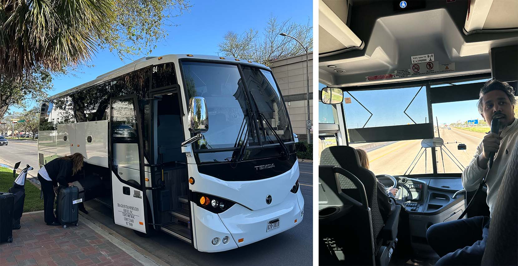 Mit dem Bus von Houston nach Austin - und Colins Morning Birefing während der Fahrt Mit dem Bus von Houston nach Austin - und Colins Morning Birefing während der Fahrt