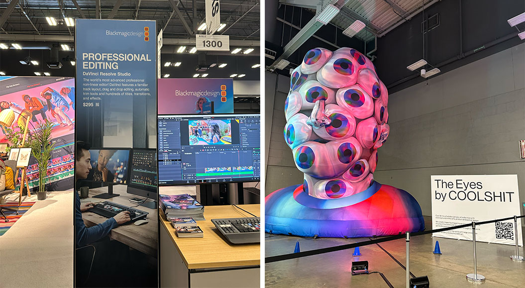 Zwei Bilder aus einer Messehalle. Auf der linken Seite steht ein Stand von Blackmagic Design, der einen Monitor mit der Software DaVinci Resolve Studio zeigt, auf dem eine Person an einem Computer arbeitet. Auf der rechten Seite ist eine große, bunte, aufblasbare Skulptur eines Gesichts mit vielen Augen zu sehen, daneben ein Schild mit dem Titel 'The Eyes by COOLSHIT' und einem QR-Code.