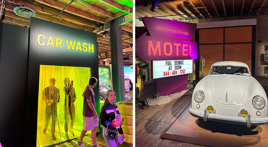 Das Bild zeigt zwei verschiedene Szenen aus einer Ausstellung oder einem Event. Auf der linken Seite befindet sich ein Bereich, der mit dem Schild „CAR WASH“ gekennzeichnet ist. Es gibt eine gelbe, durchsichtige Wand, durch die Menschen hindurchgehen können. Zwei Personen stehen vor dieser Wand und interagieren mit der Umgebung. Auf der rechten Seite ist ein Bereich mit einem Schild „MOTEL“, das die Marke Porsche trägt. Im Vordergrund steht ein klassisches Auto (Porsche), umgeben von Kaktussen und einem dekorativen Motel-Schild mit der Telefonnummer und dem Hinweis „Full Service at SXSW“.