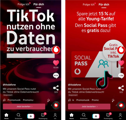 Screenshots Vodafone Werbung auf TikTok