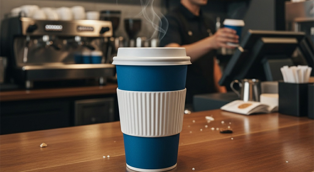 Blauer Coffee to go-Becher und im Hintergrund ein Café mit Kasse und Barista