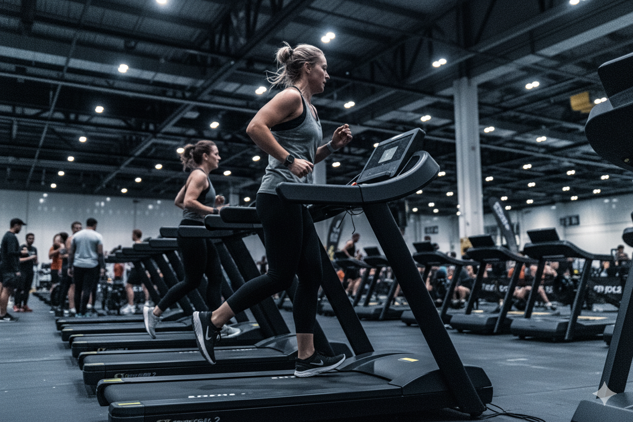 Junge Frau läuft auf einem Laufband in einem Fitnessstudio