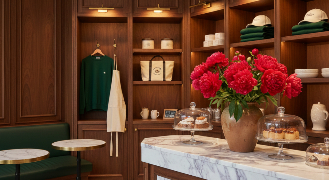 Stilvolles Café-Interieur mit dunklen Holzregalen, einer weißen Marmortheke und einem üppigen Strauß pinker Pfingstrosen. Im Hintergrund hängen ein grüner Pullover und eine Schürze, während auf der Theke Gebäck unter Glasglocken präsentiert wird.