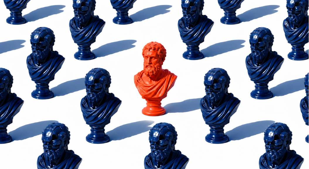 Eine orangefarbene klassische Philosophenbüste steht zwischen zahlreichen dunkelblauen Büsten mit Roboterköpfen auf weißem Hintergrund und hebt sich deutlich von der gleichförmigen Masse ab.