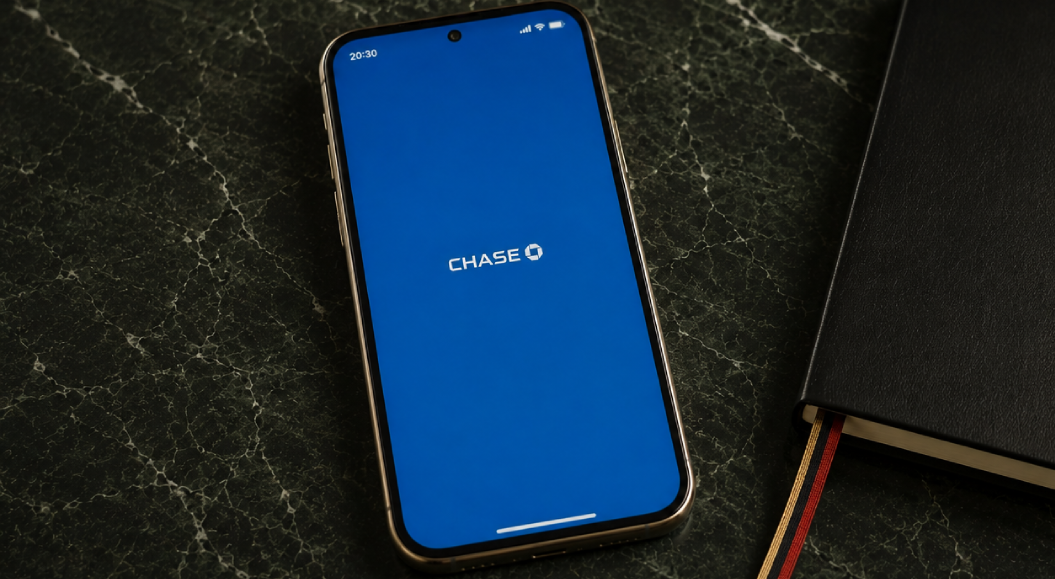 Smartphone mit geöffneter Chase-App auf einem Holztisch – Symbolbild für den Markteintritt von Chase in den deutschen Bankenmarkt.