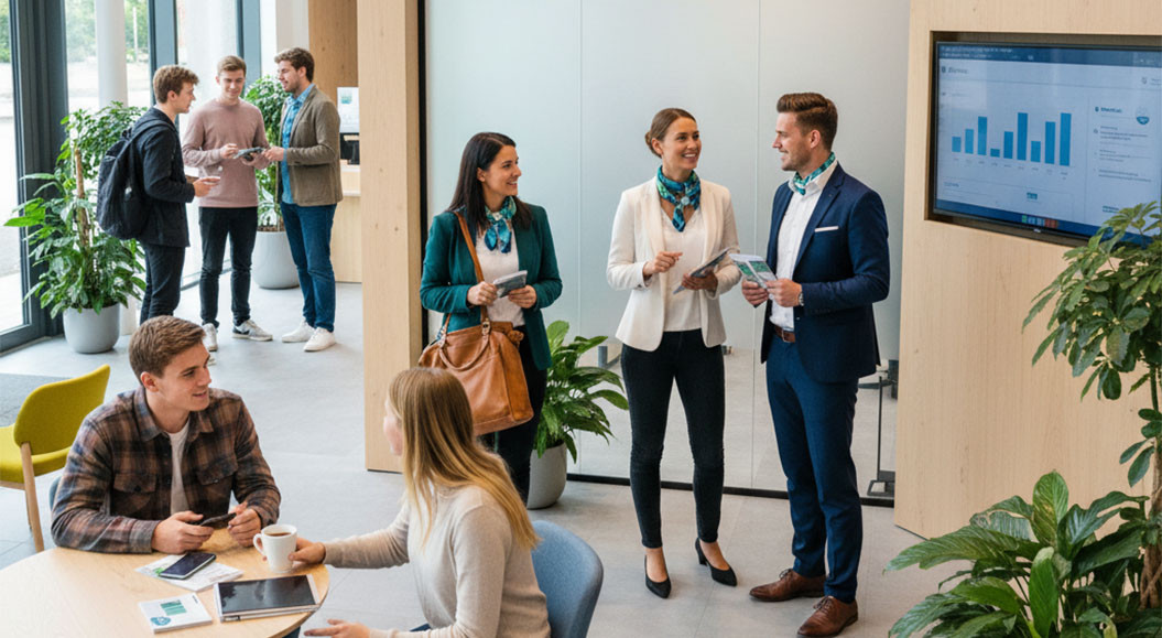 Whitepaper für Genossenschaftsbanken Whitepaper für Genossenschaftsbanken - Auf dem Foto sind Bankkaufleute und Kunden in einer Bank zu sehen, die entweder am Tisch sitzen oder in Gruppen zusammen stehen
